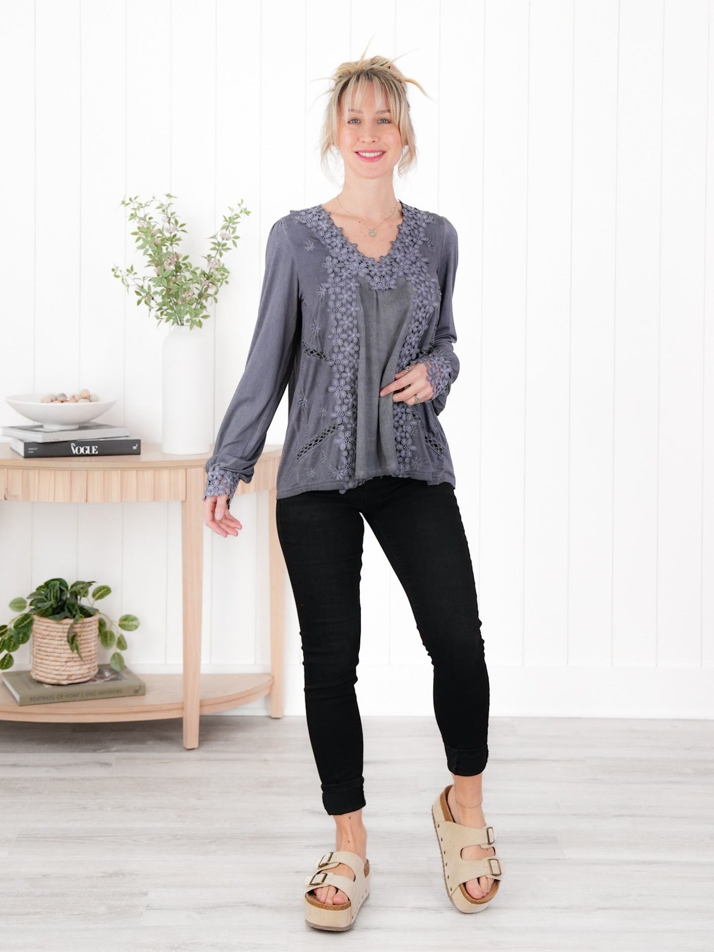 Restocks! POL Floral Embroidered Long Sleeve V-Neck Top (Multiple Colors)