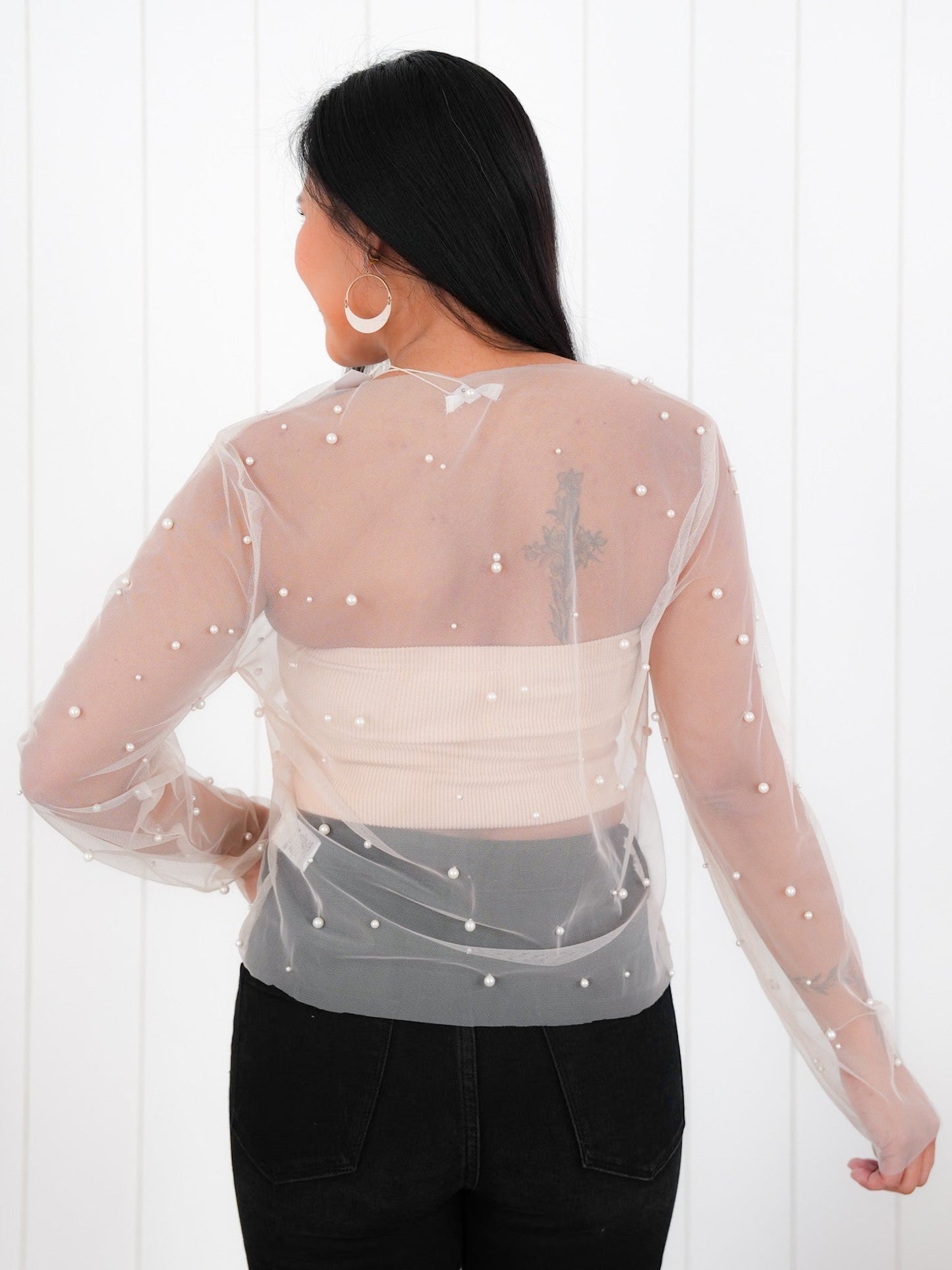 Plus/Reg Mesh Long Sleeve Top with Pearl Detail (Multiple Colors)