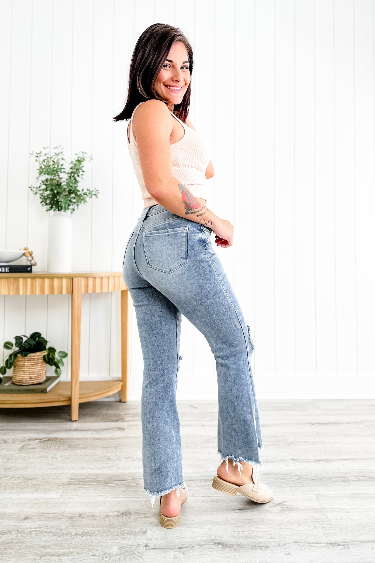 Risen Stella Babe High Rise Light Wash Cropped Distressed Flare Jeans