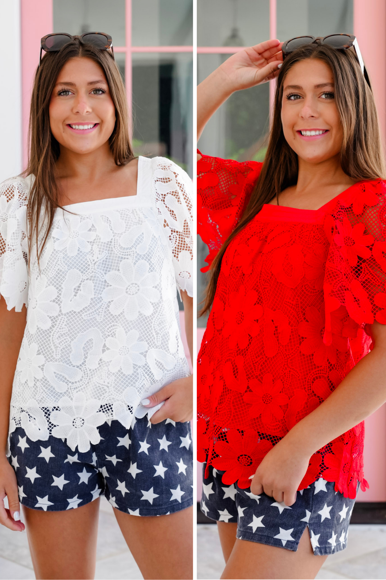 Floral Lace Short Sleeve Square Neck Top