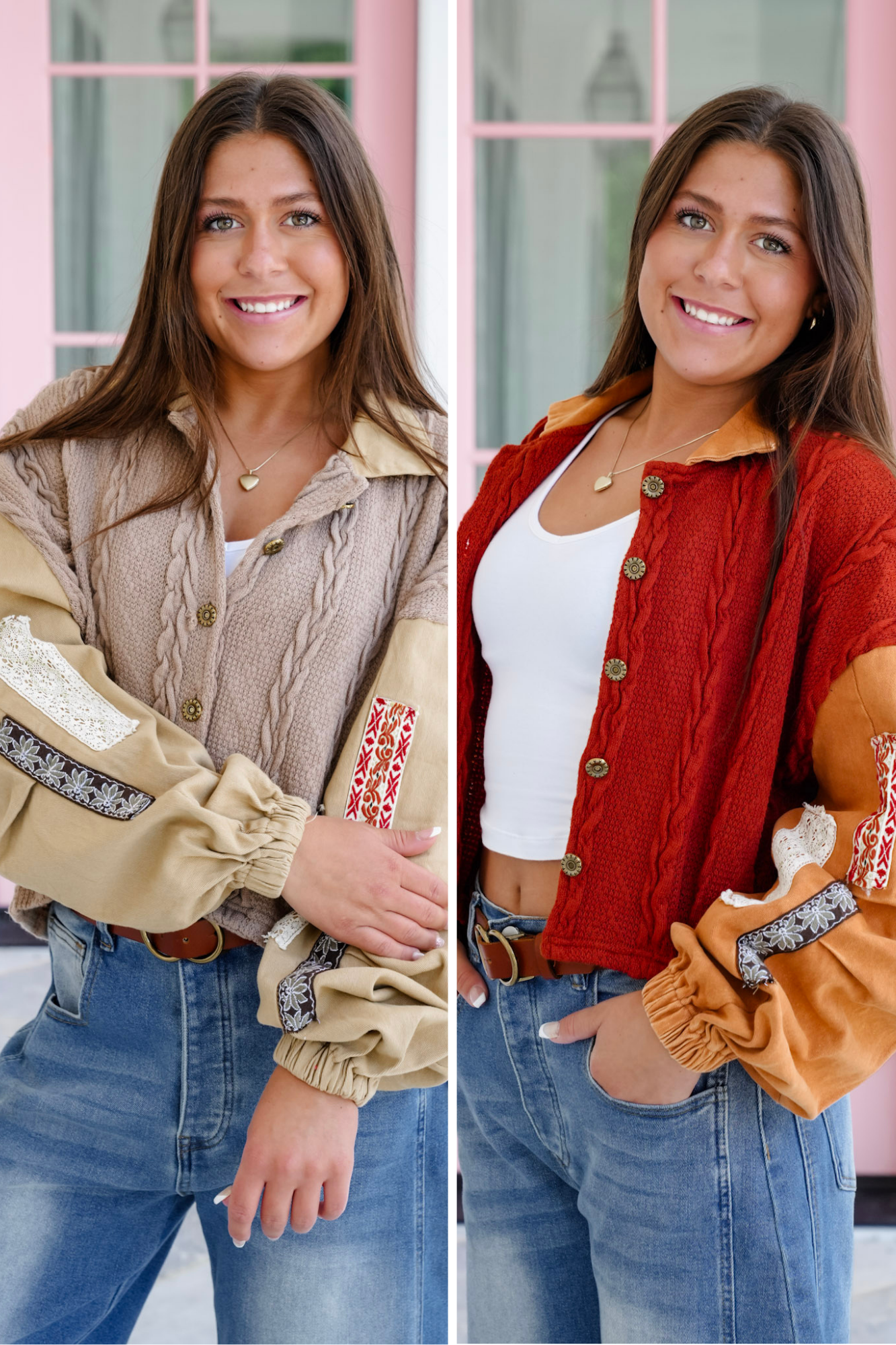 POL Color Block Long Sleeve Button Down Cropped Shacket