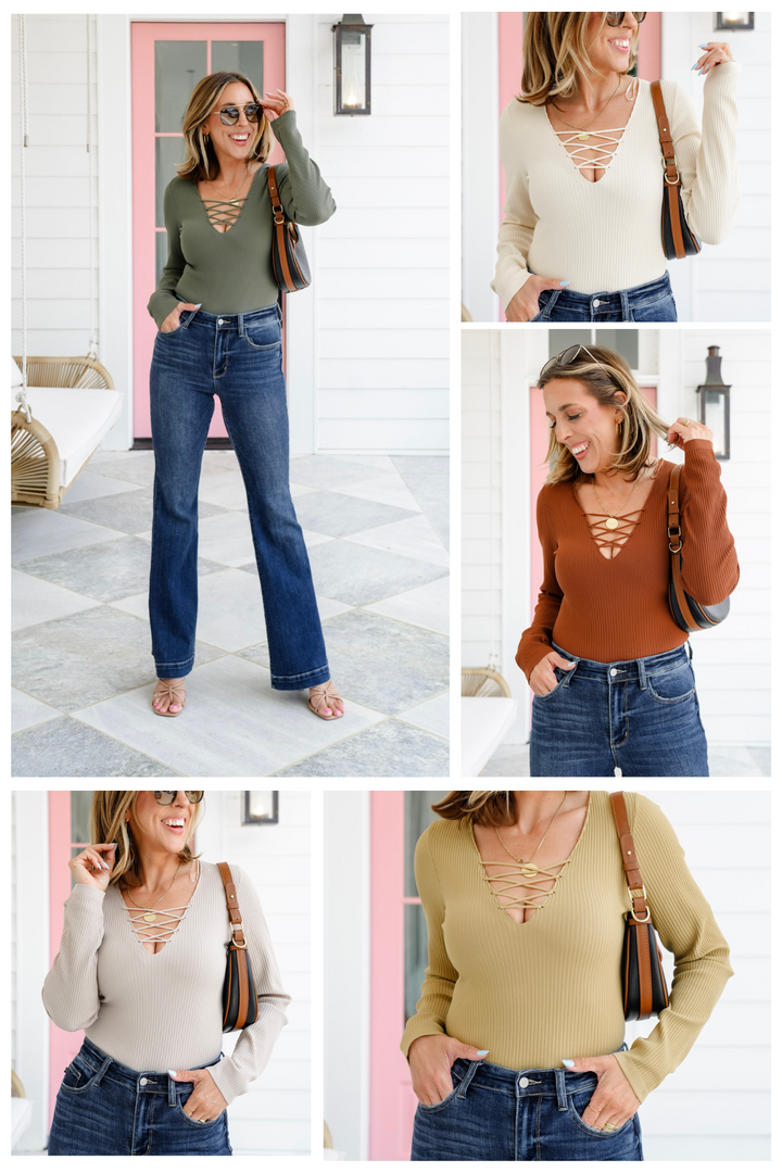 Plus/Reg Ribbed Sweater Lace Up Bodysuit