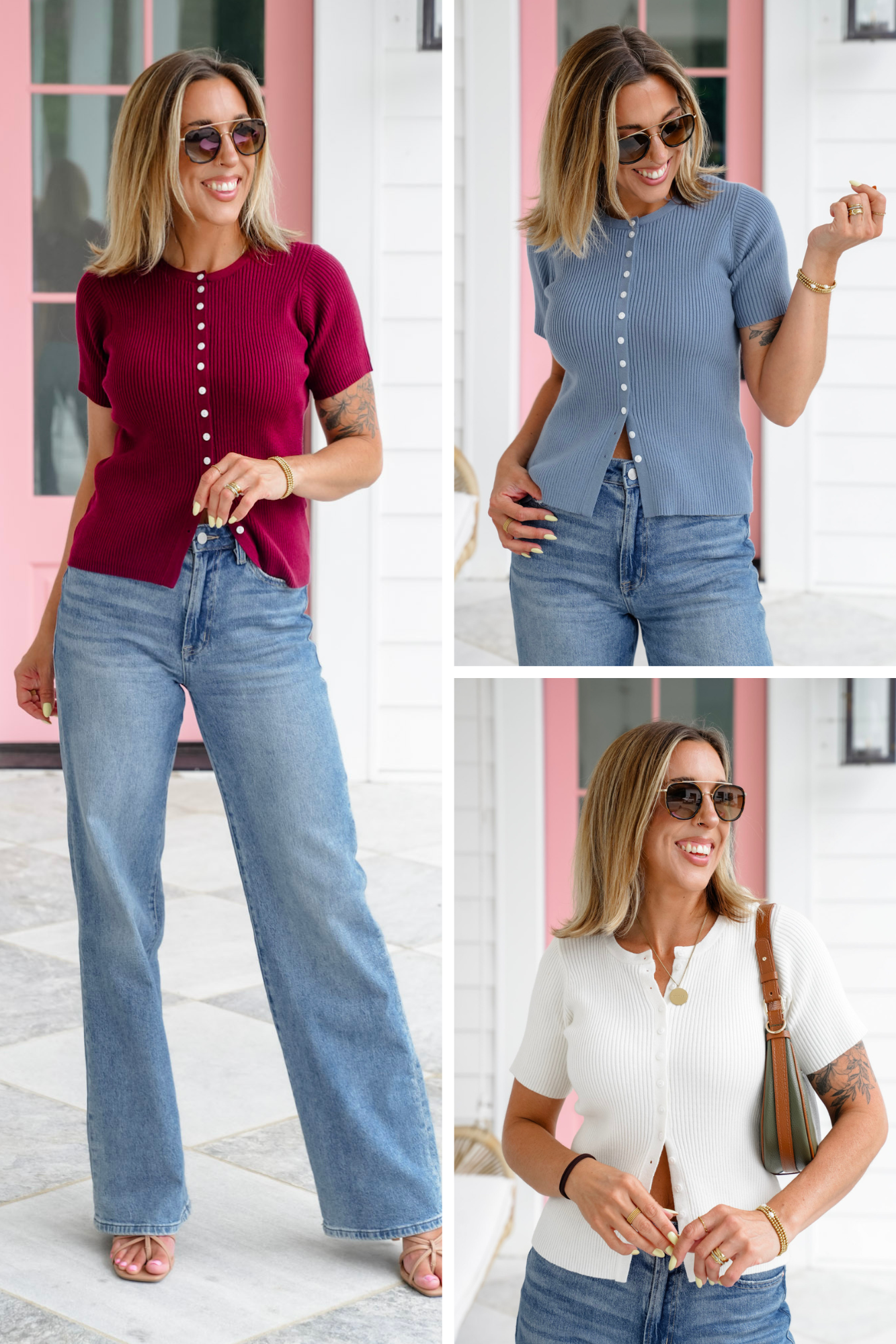 Ribbed Knit Short Sleeve Button Down Top