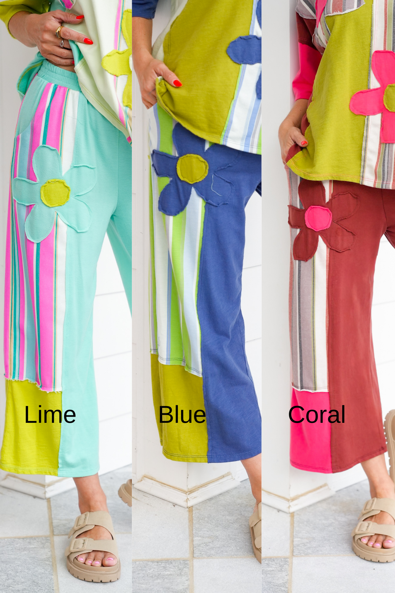 Stripe Flower Patch Elastic Waist Pants
