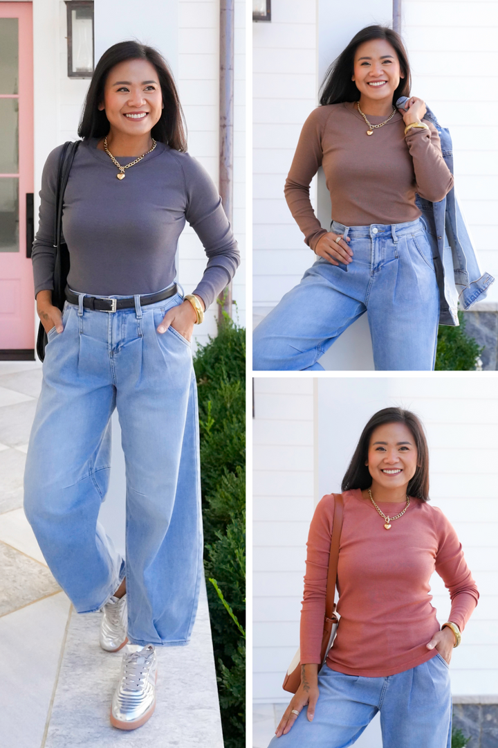 Raglan Sleeve Crew Neck Top With Exposed Seam