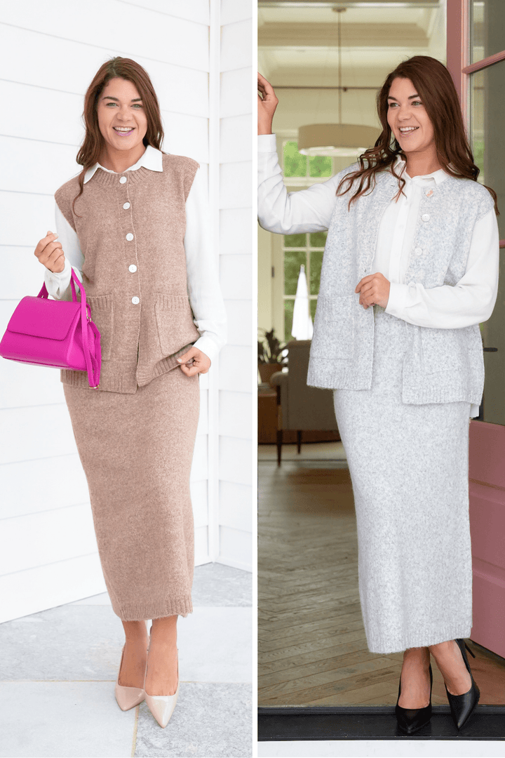 Button Down Sweater Vest and Midi Skirt Set - Freckled Poppy