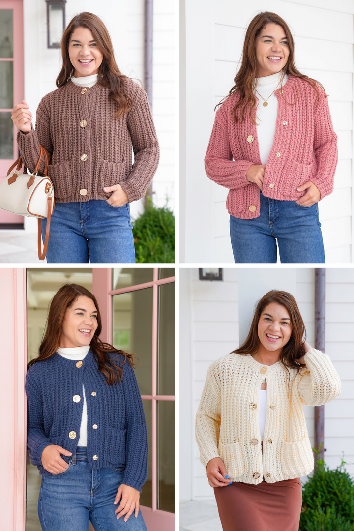 Chunky Knit Long Sleeve Cardigan with Metal Button Detail