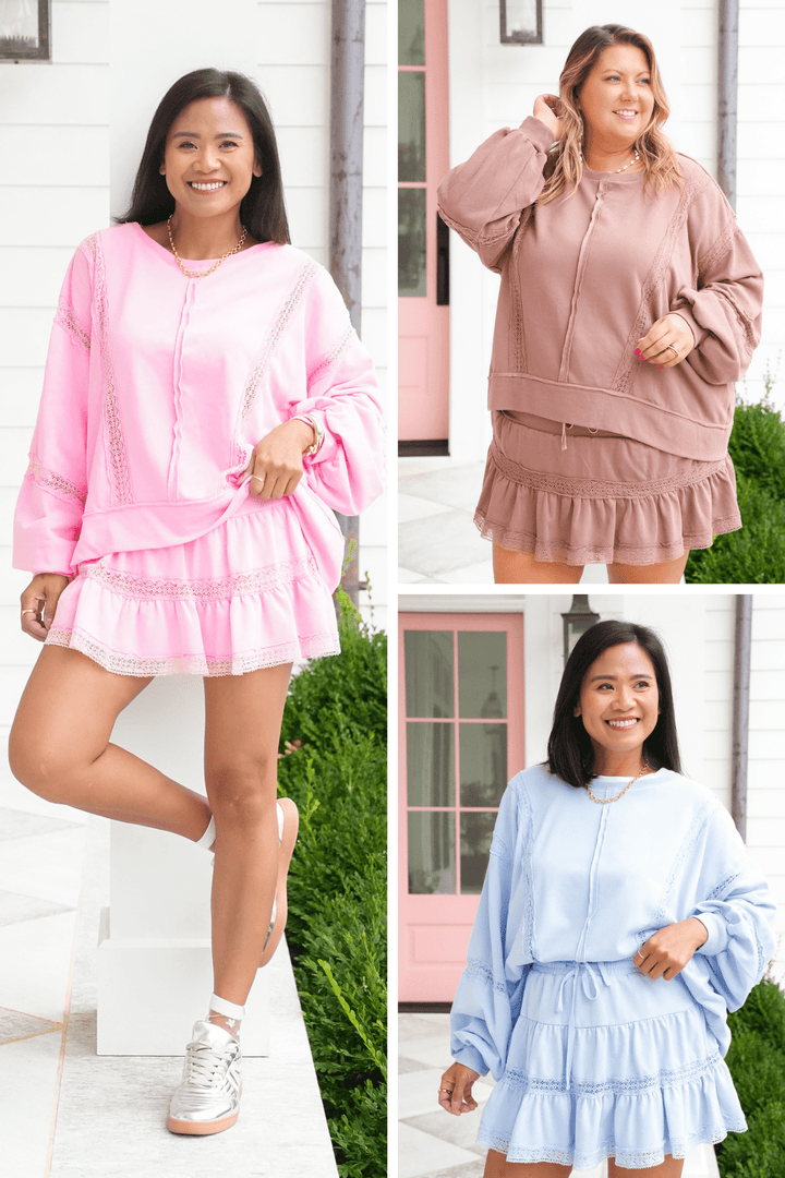 Lace Trim Long Sleeve Pullover Top and Skort Set - Freckled Poppy