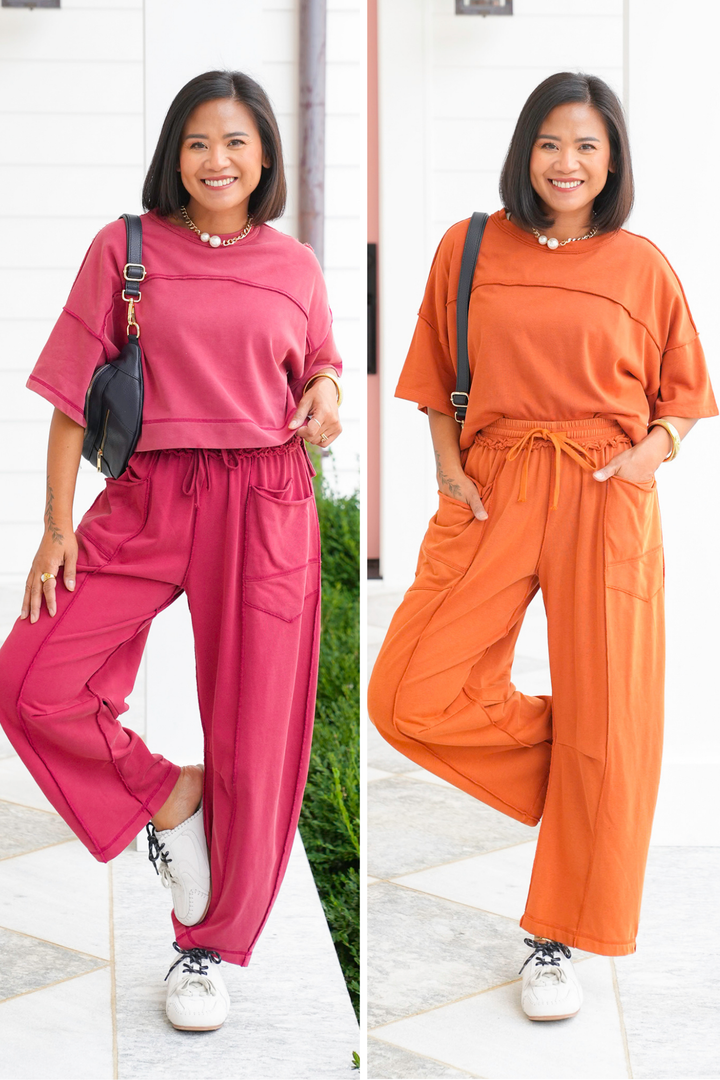 Plus/Reg Mineral Wash Short Sleeve Top with Barrel Pants Set