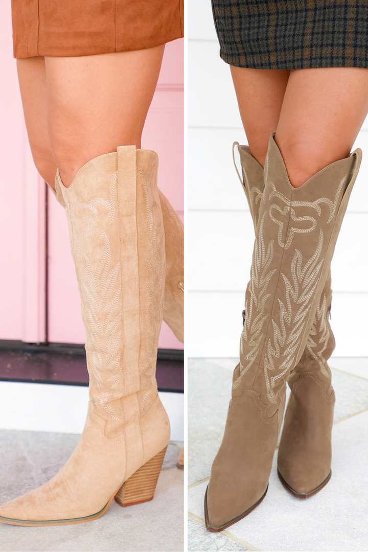 Western Embroidered Knee High Boot with Stacked Block Heel