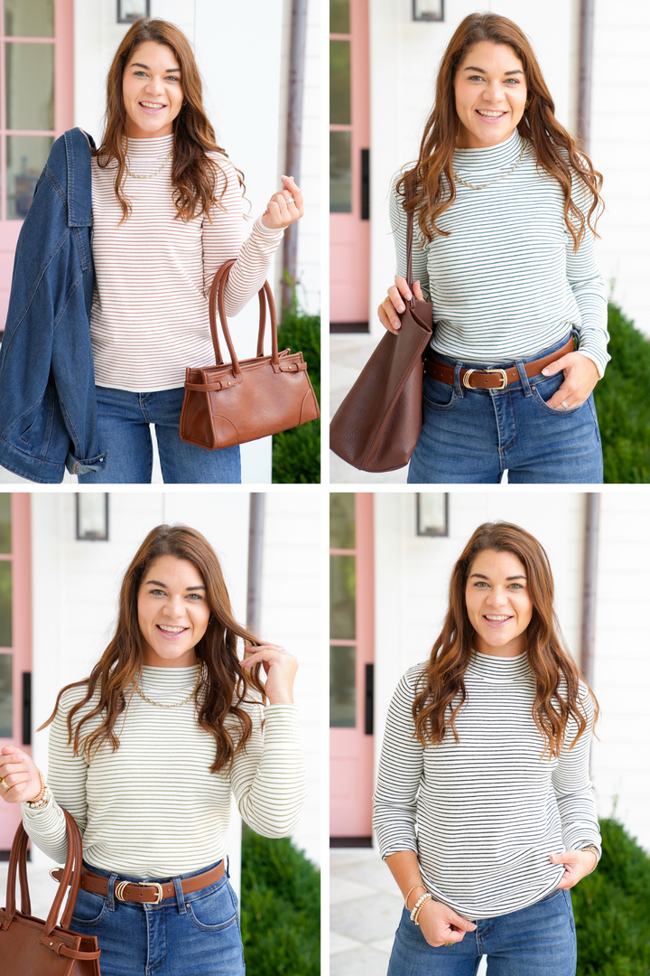 Pinstripe Long Sleeve Mock Neck Pullover Top