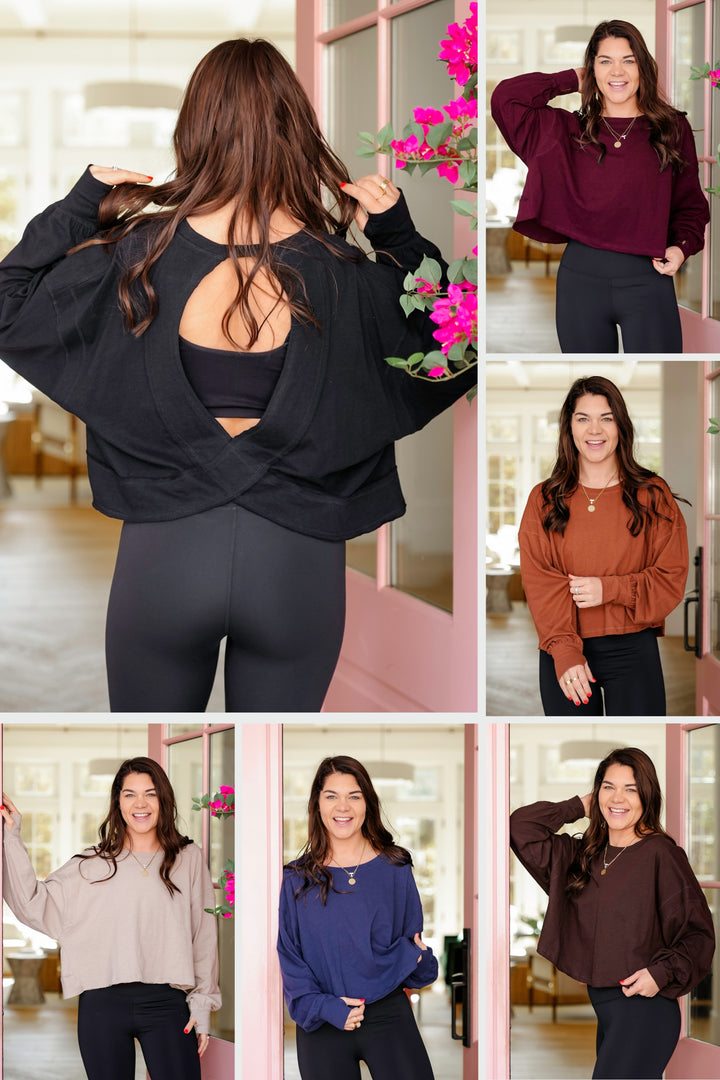 Solid Long Sleeve Open Back Top