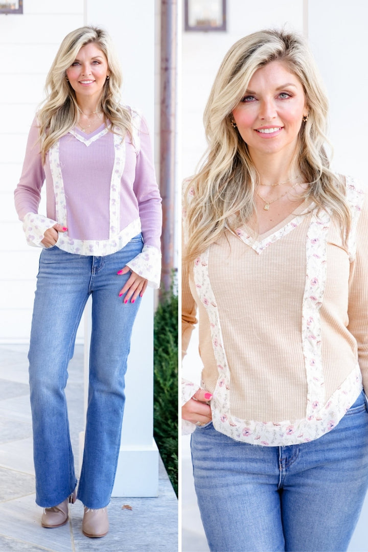 POL Ribbed Long Sleeve V Neck Top with Floral Accent - Freckled Poppy