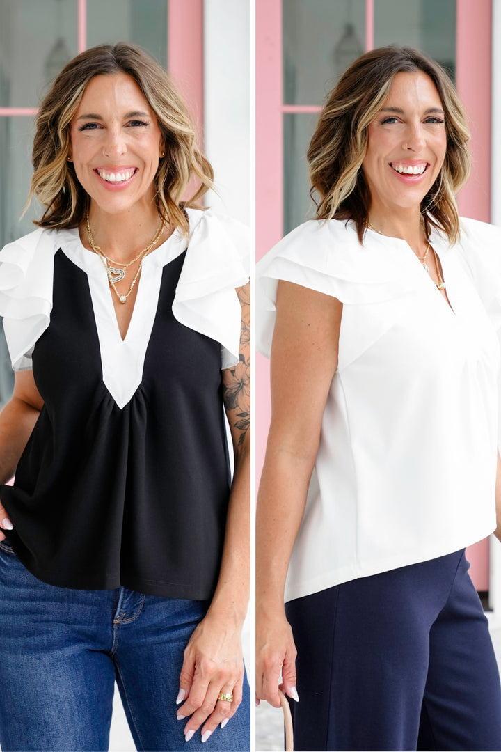 Short Ruffle Sleeve V Neck Top