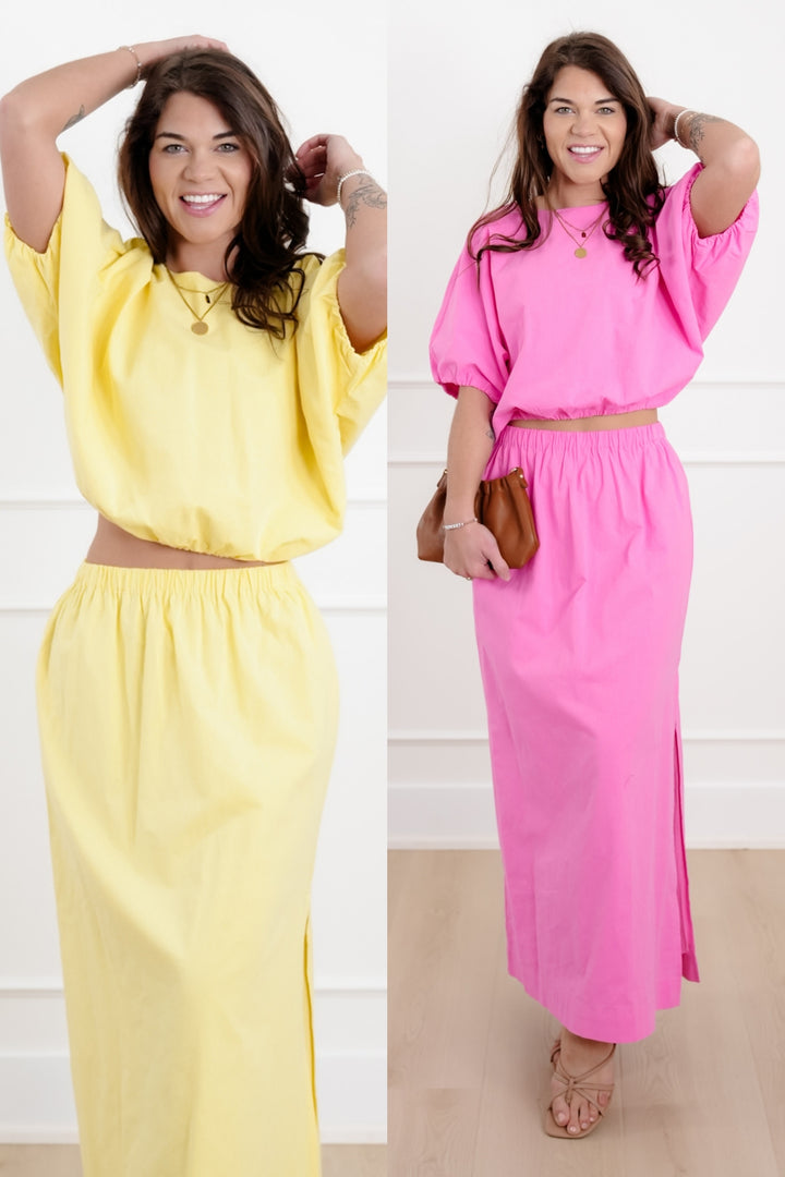 Short Sleeve Bubble Top with Elastic Waist Skirt