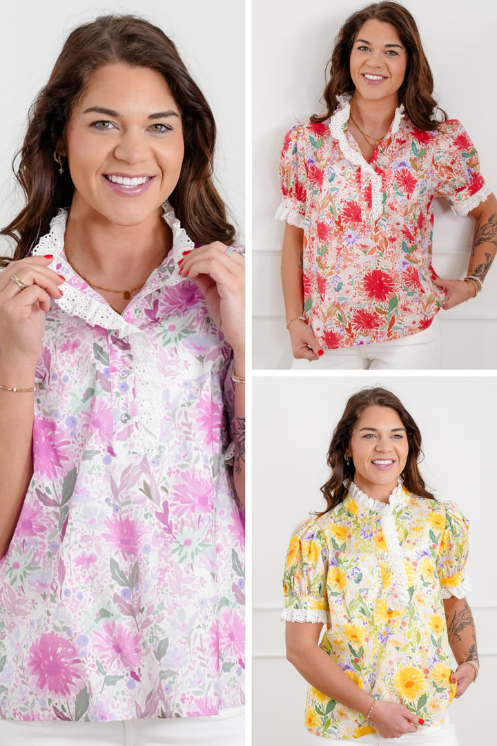 Floral Print Short Sleeve Half Button Up Top
