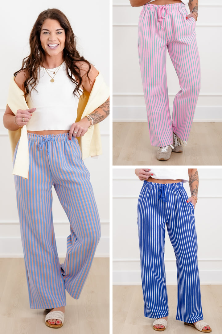 Stripe Elastic Waist Pants with Drawstring