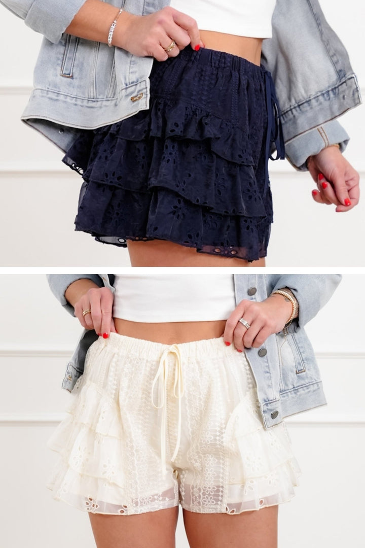 Lace Ruffle Tiered Elastic Waist Shorts - Freckled Poppy