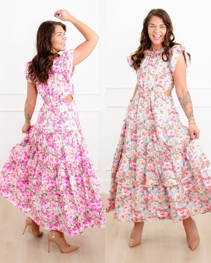 Floral Print Tiered Maxi Dress with Side Cut Out Detail - Freckled Poppy