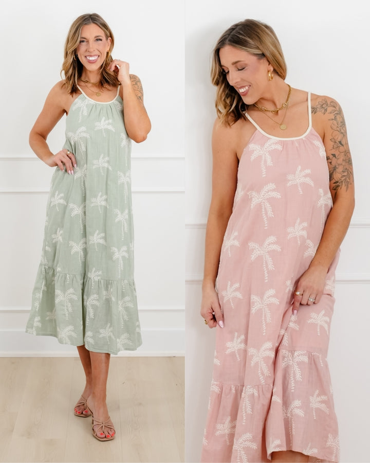 Embroidered Palm Tree Sleeveless Midi Dress
