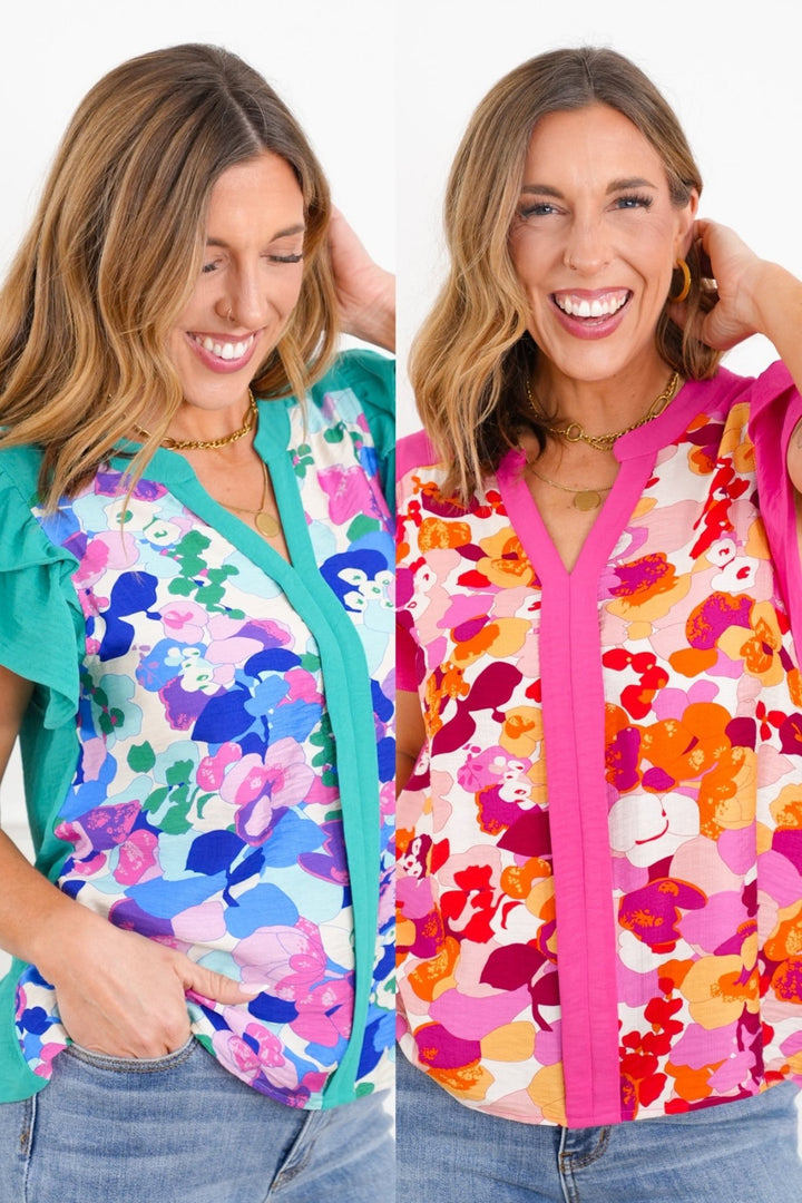 Floral Printed Short Sleeve V Neck Top - Freckled Poppy