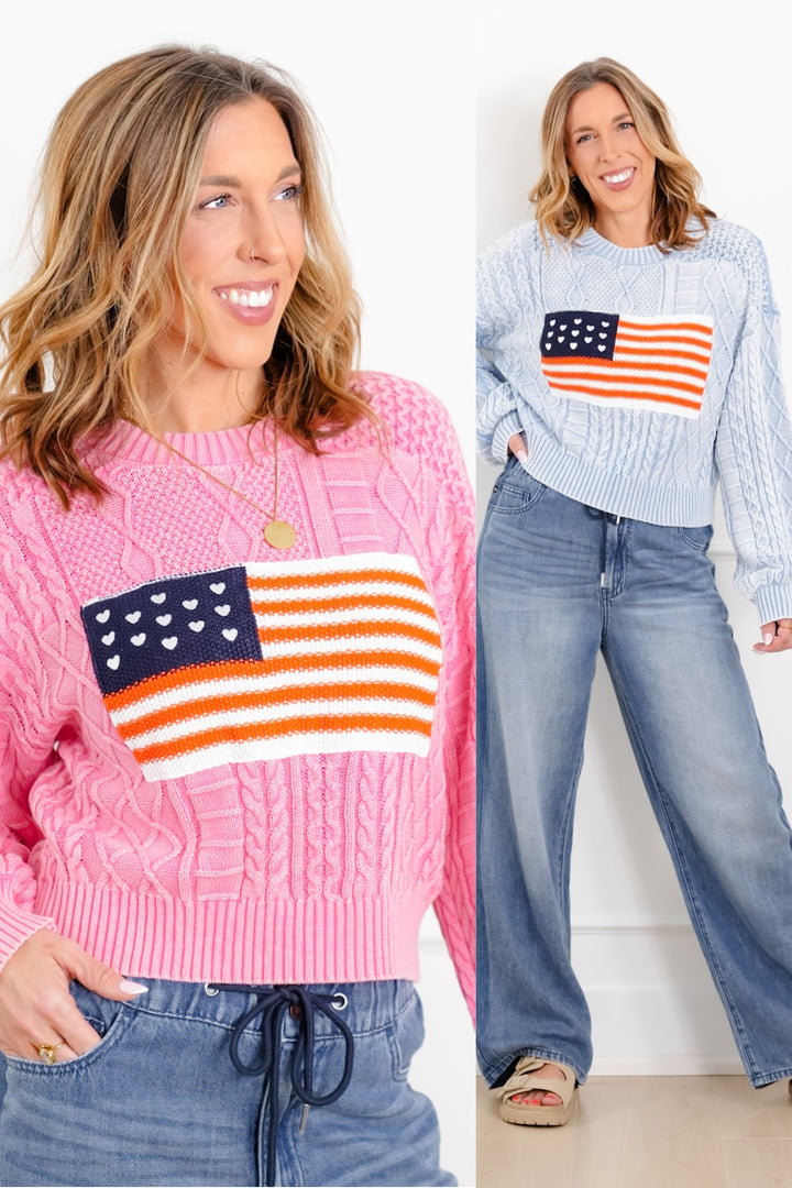 POL Long Sleeve Round Neck American Flag Sweater