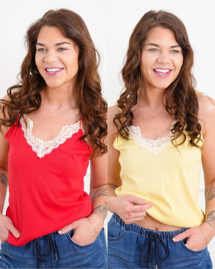 Ribbed Knit Tank Top with Lace Trim - Freckled Poppy