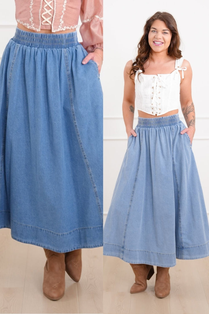 Plus/Reg Elastic Waist Midi Skirt with Side Pockets - Freckled Poppy