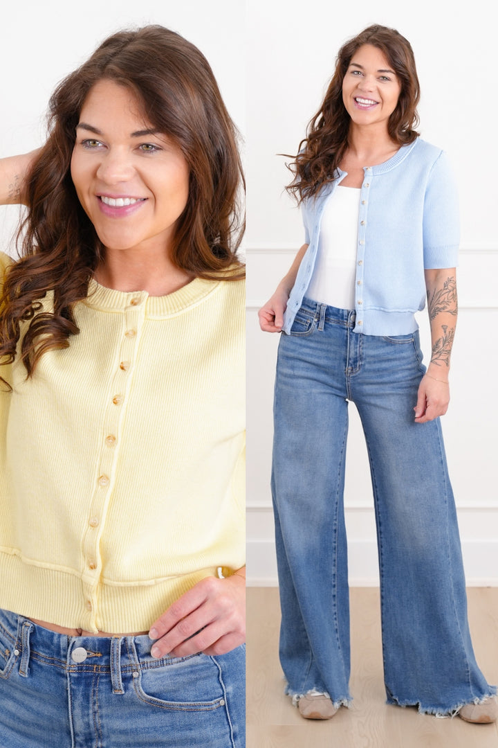 Plus/Reg Ribbed Short Sleeve Button Up Sweater Top