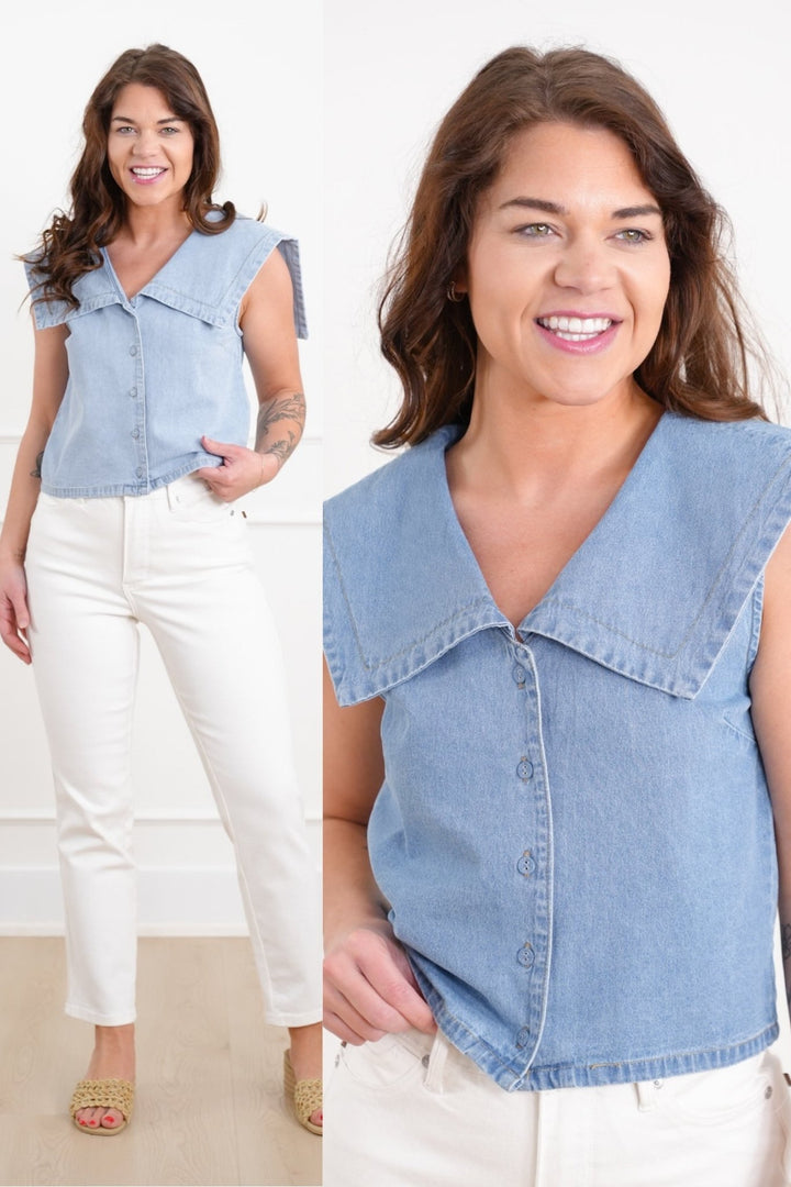 Plus/Reg Sleeveless Button Up Vest with Collar - Freckled Poppy