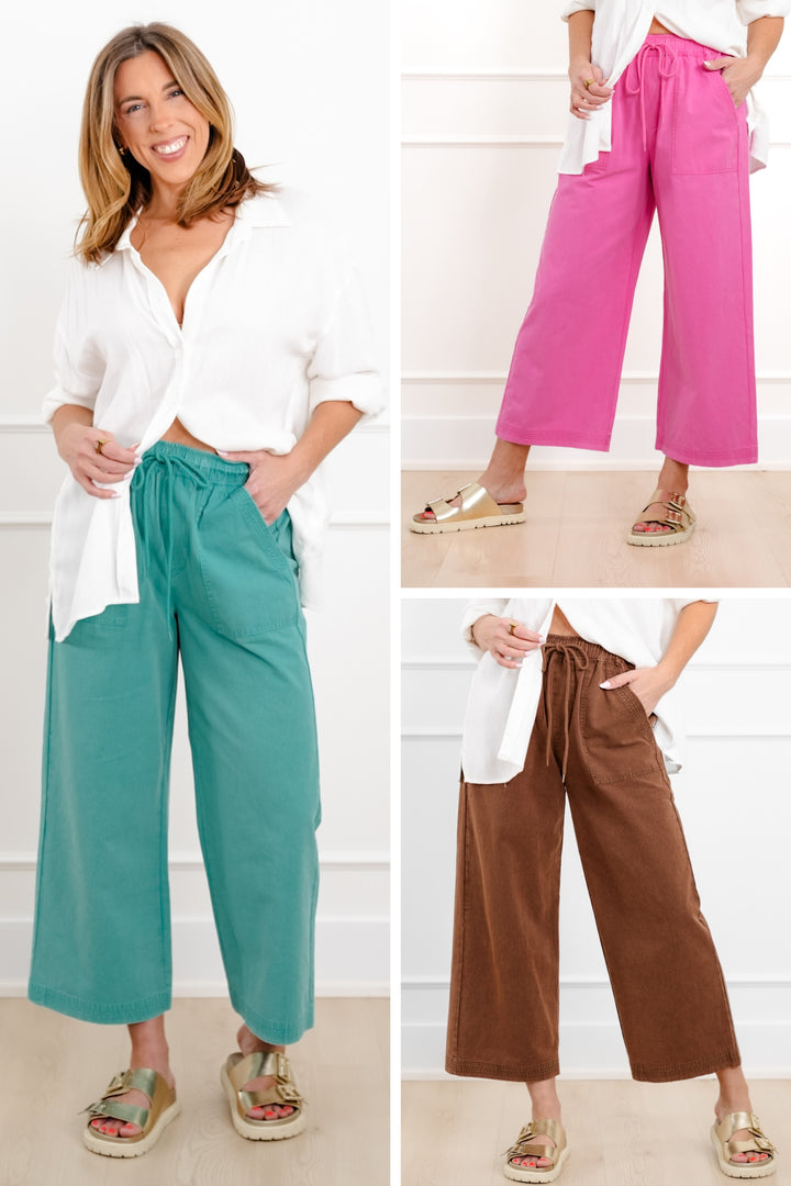 Plus/Reg Acid Wash Elastic Waist Wide Leg Pants