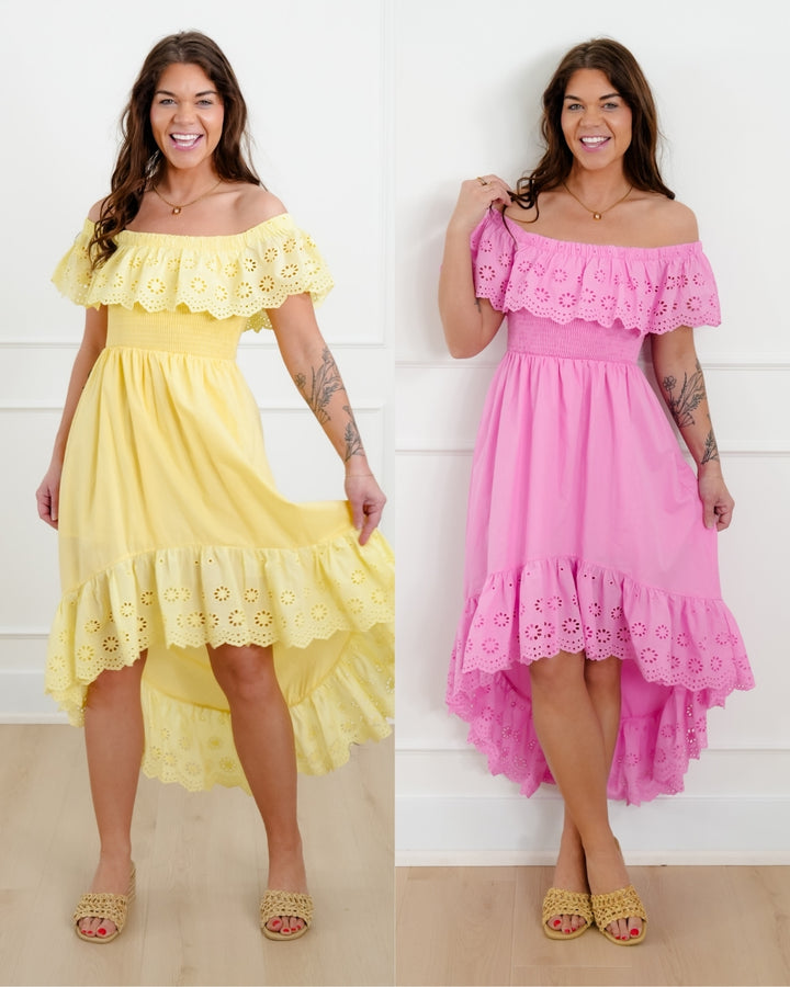 Off Shoulder High Low Dress with Eyelet Ruffle