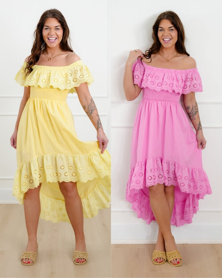Off Shoulder High Low Dress with Eyelet Ruffle - Freckled Poppy