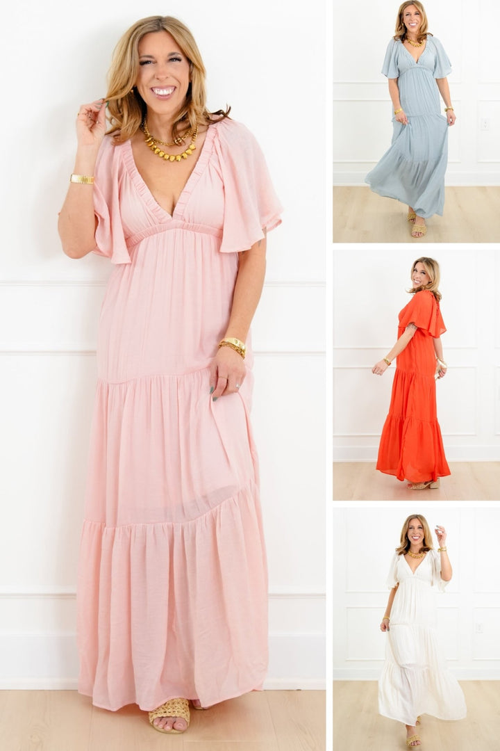 Solid Short Sleeve V-Neck Tiered Maxi Dress - Freckled Poppy