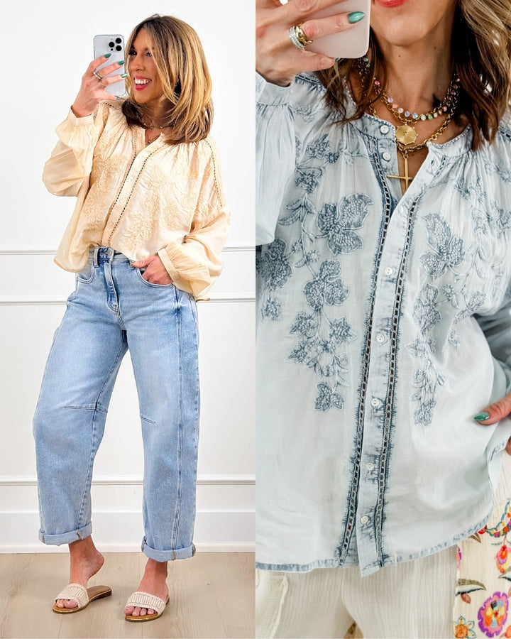 POL Embroidered Long Sleeve Button Up Blouse