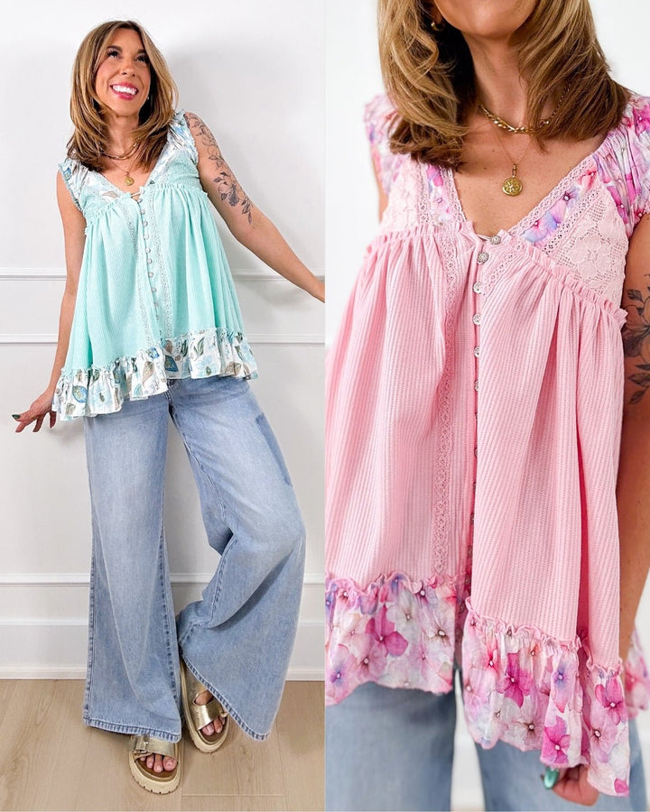 POL Textured Sleeveless V Neck Top with Floral Print - Freckled Poppy