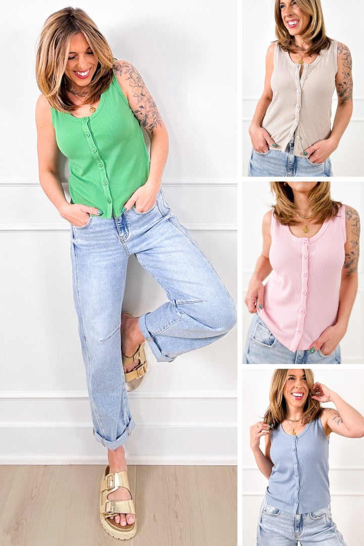 Ribbed Knit Button Down Tank Top - Freckled Poppy