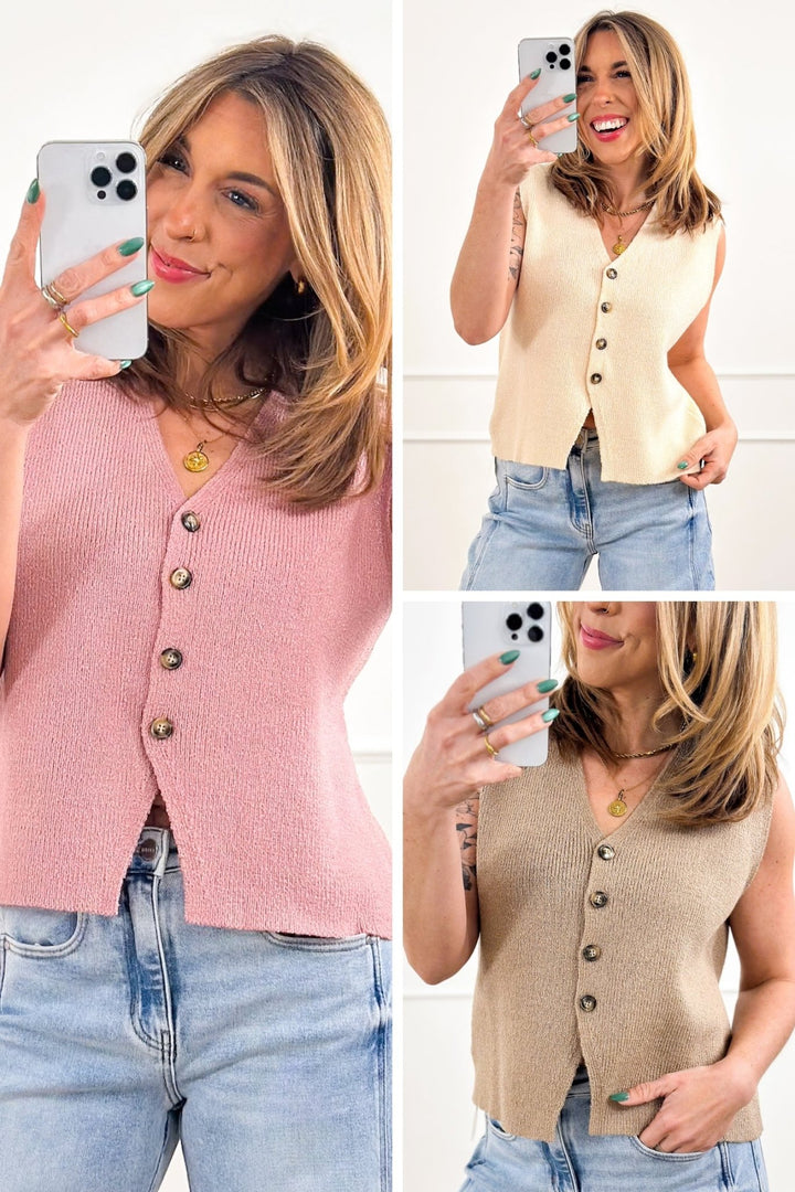 Sleeveless Button Down Sweater Vest - Freckled Poppy