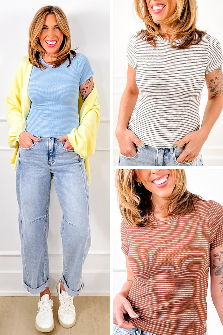 Striped Ribbed Knit Short Sleeve Crew Neck Top