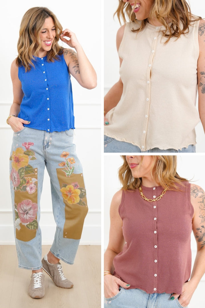 Knit Sleeveless Button Down Top - Freckled Poppy
