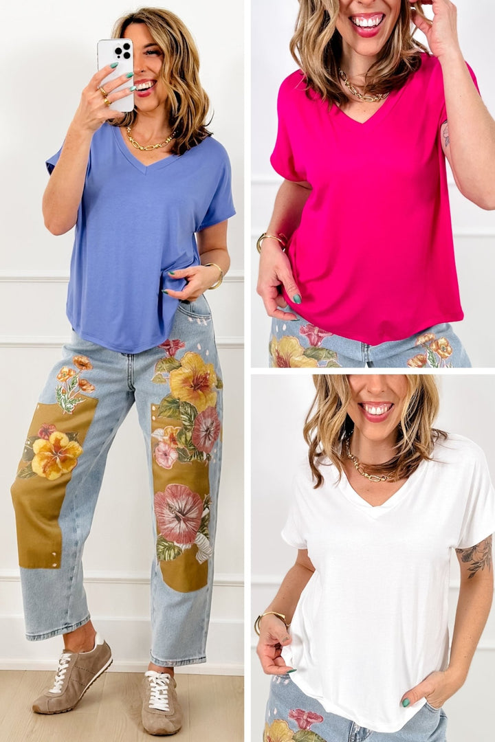 Plus/Reg Solid Relaxed Fit Short Sleeve V Neck Top - Freckled Poppy
