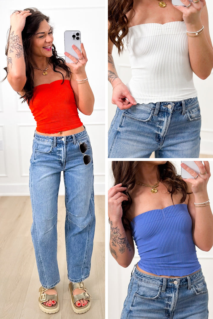 Pinched Front Seamless Ribbed Lettuce Trim Edge Tube Top