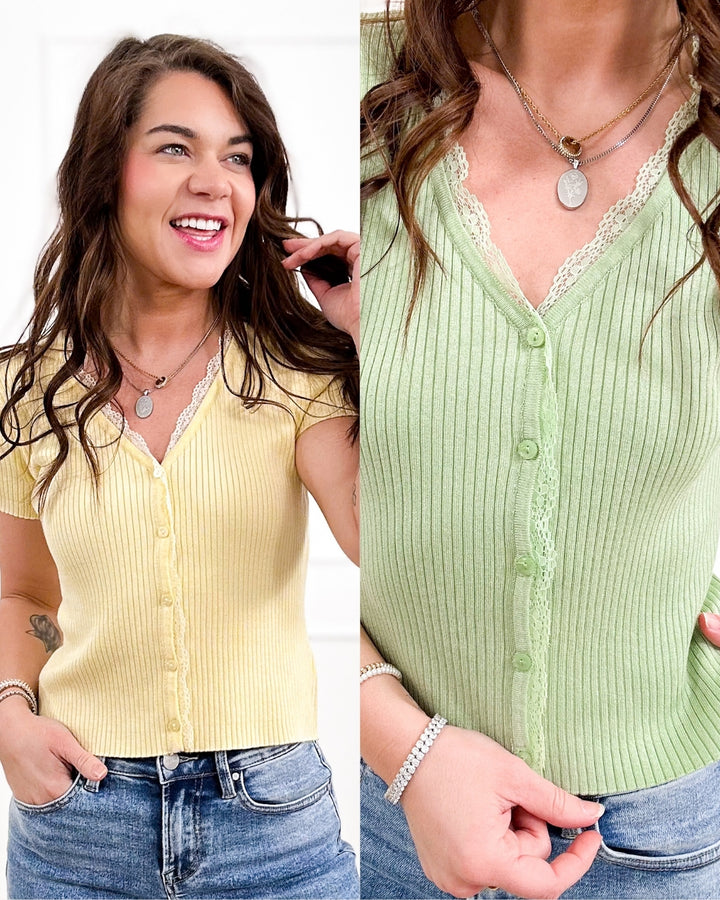 Ribbed Short Sleeve Button Down Top with Lace Trim
