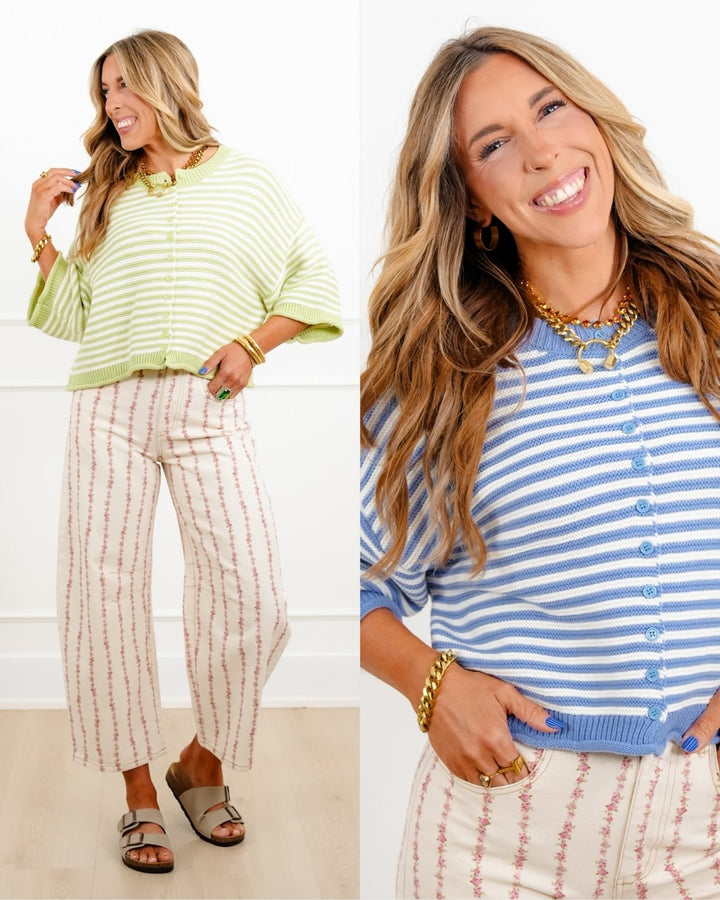Stripe 3/4 Sleeve Button Down Knit Cardigan - Freckled Poppy