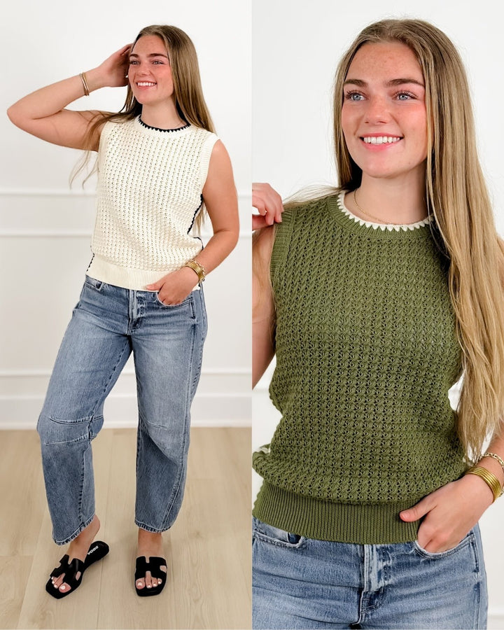 Knit Sleeveless Sweater with Contrasting Scalloped Trim - Freckled Poppy