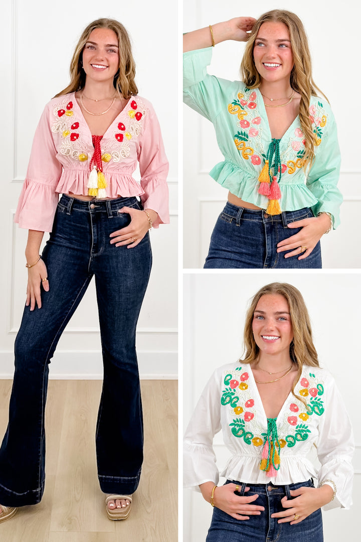 POL Embroidered V Neck Elastic Waist Top