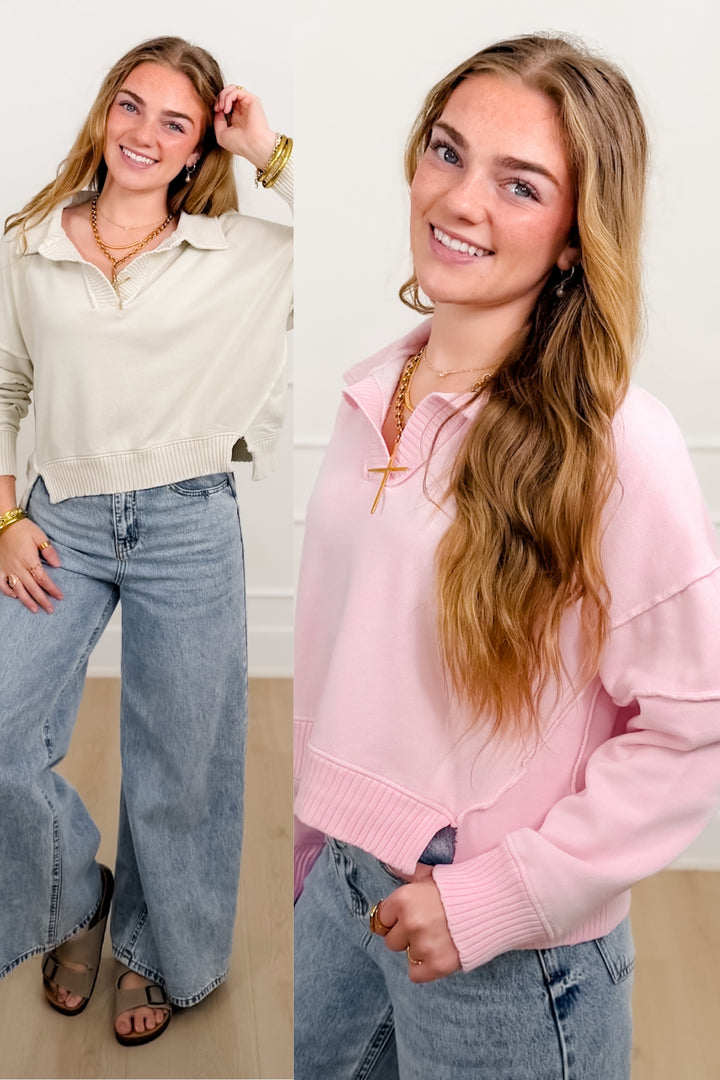 Mineral Wash Long Sleeve V Neck Sweatshirt