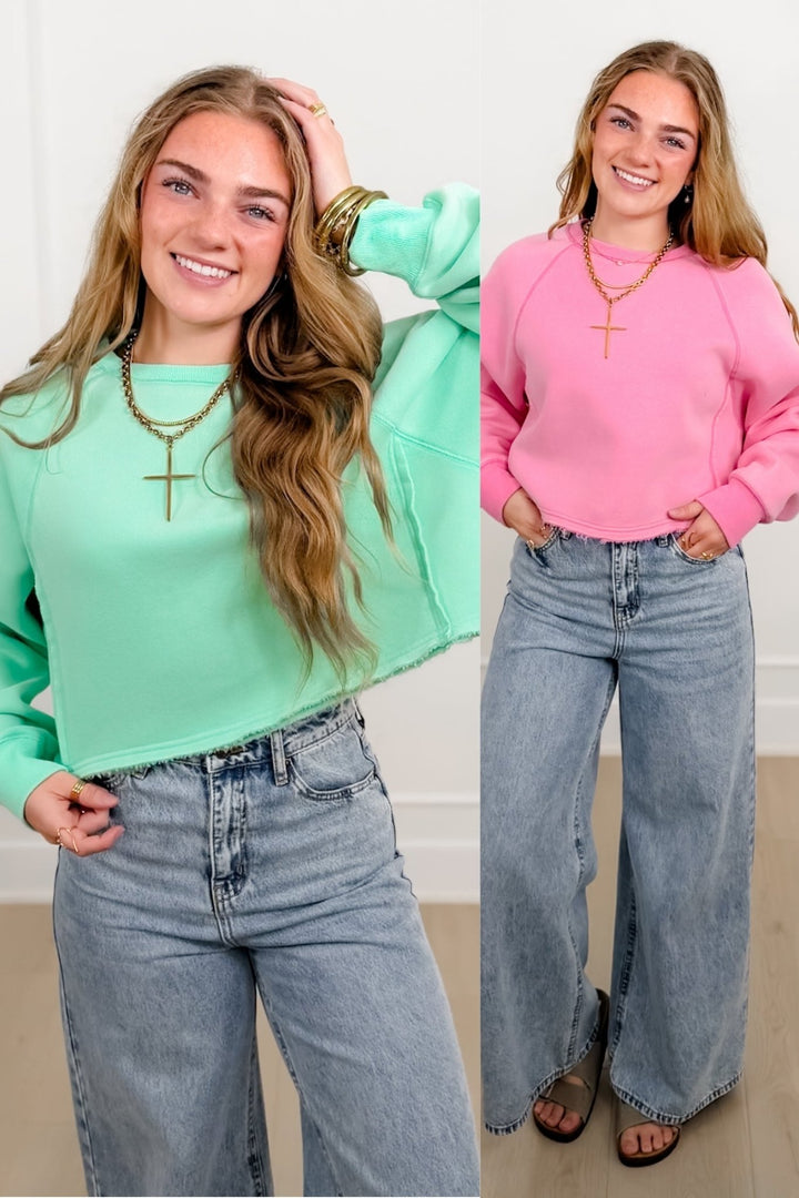 Solid Color Long Sleeve Crop Sweatshirt - Freckled Poppy