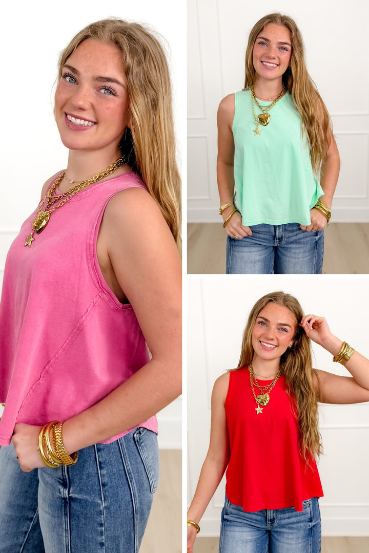 Washed Sleeveless Round Neck Tank Top