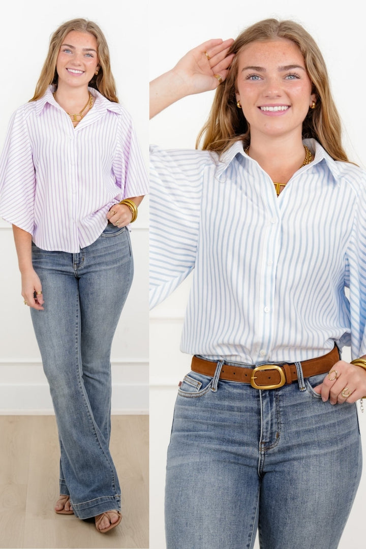 Stripe Kimono Sleeve Button Down Top - Freckled Poppy